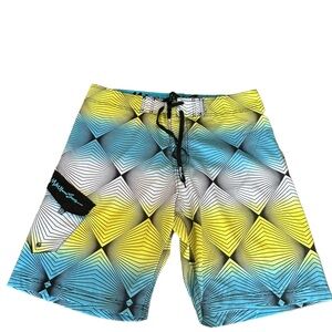 Maui and Sons Men Blue and Green Stretch Geometric‎ Swim Shorts Size 36